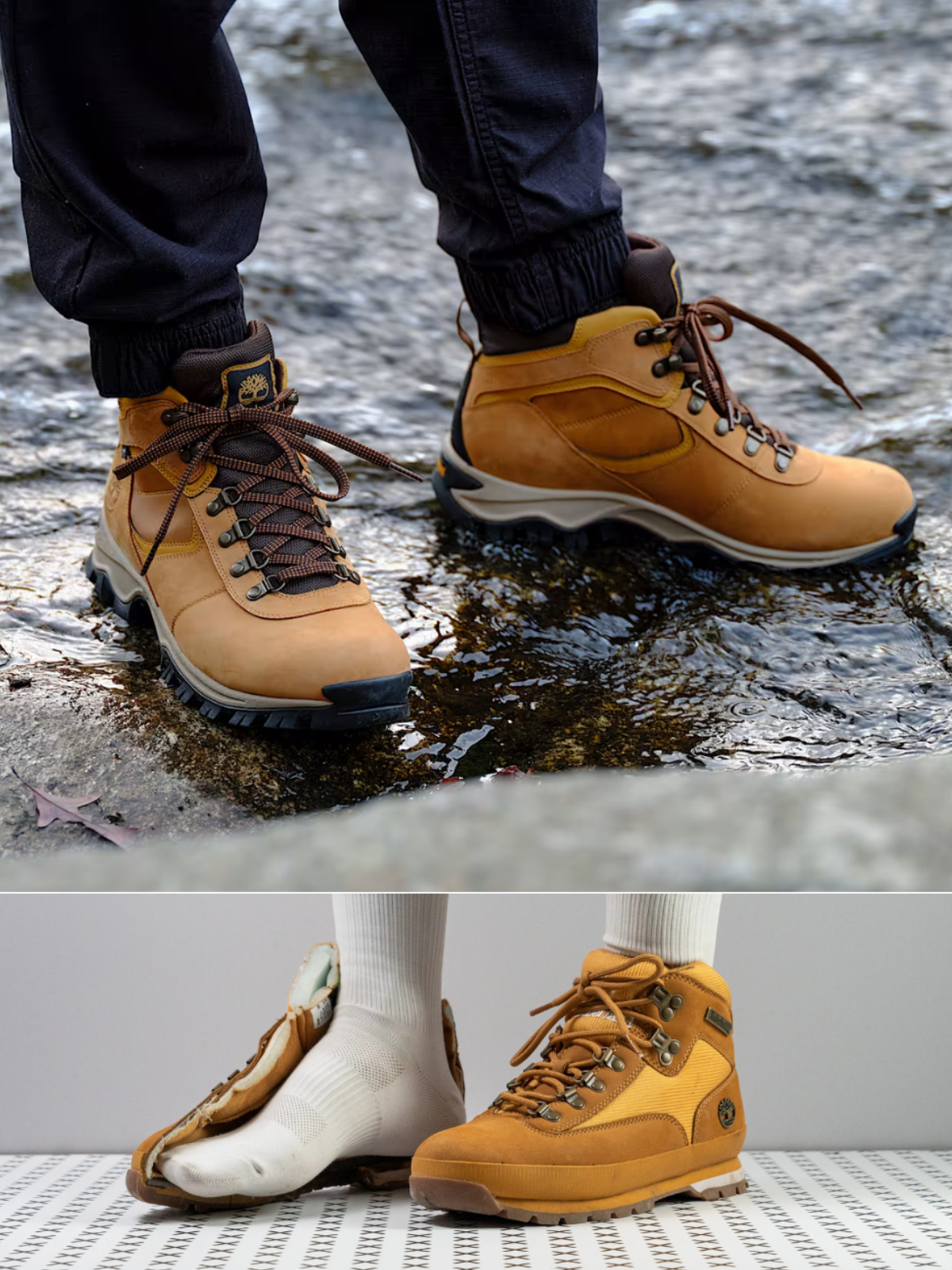 A man standing in a creek with Timberlands on, and a man wearing a left boot and a cutaway boot on the right