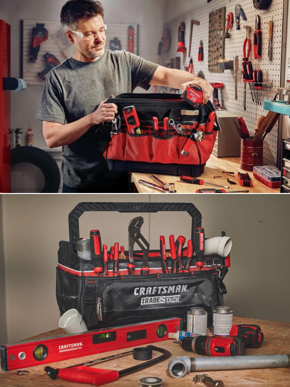 A man putting tools in his tool bag, and a Craftsman bag full of tools with more lying beside it