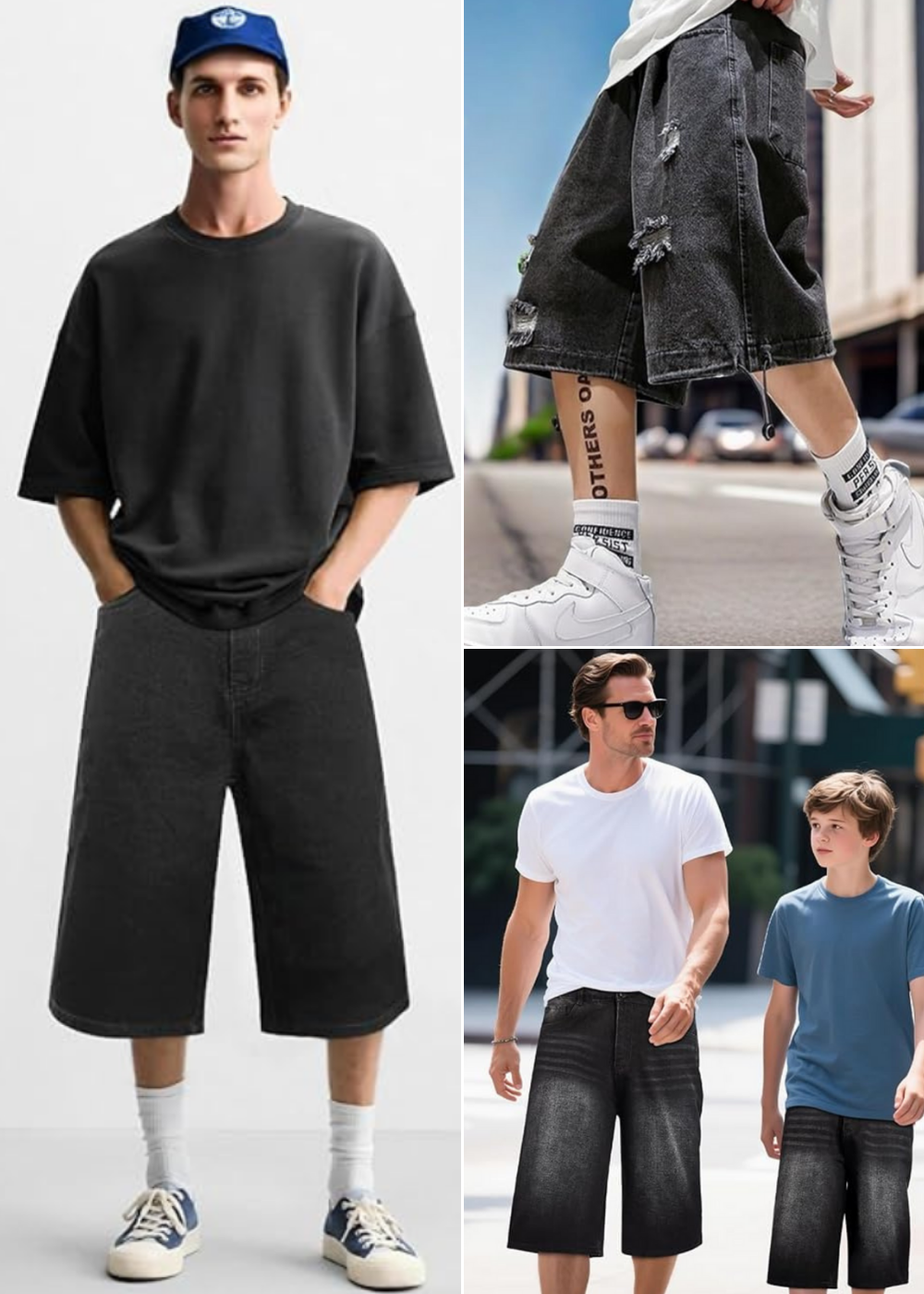 Three men wearing black denim shorts, and one man has a boy wearing black jorts as well.