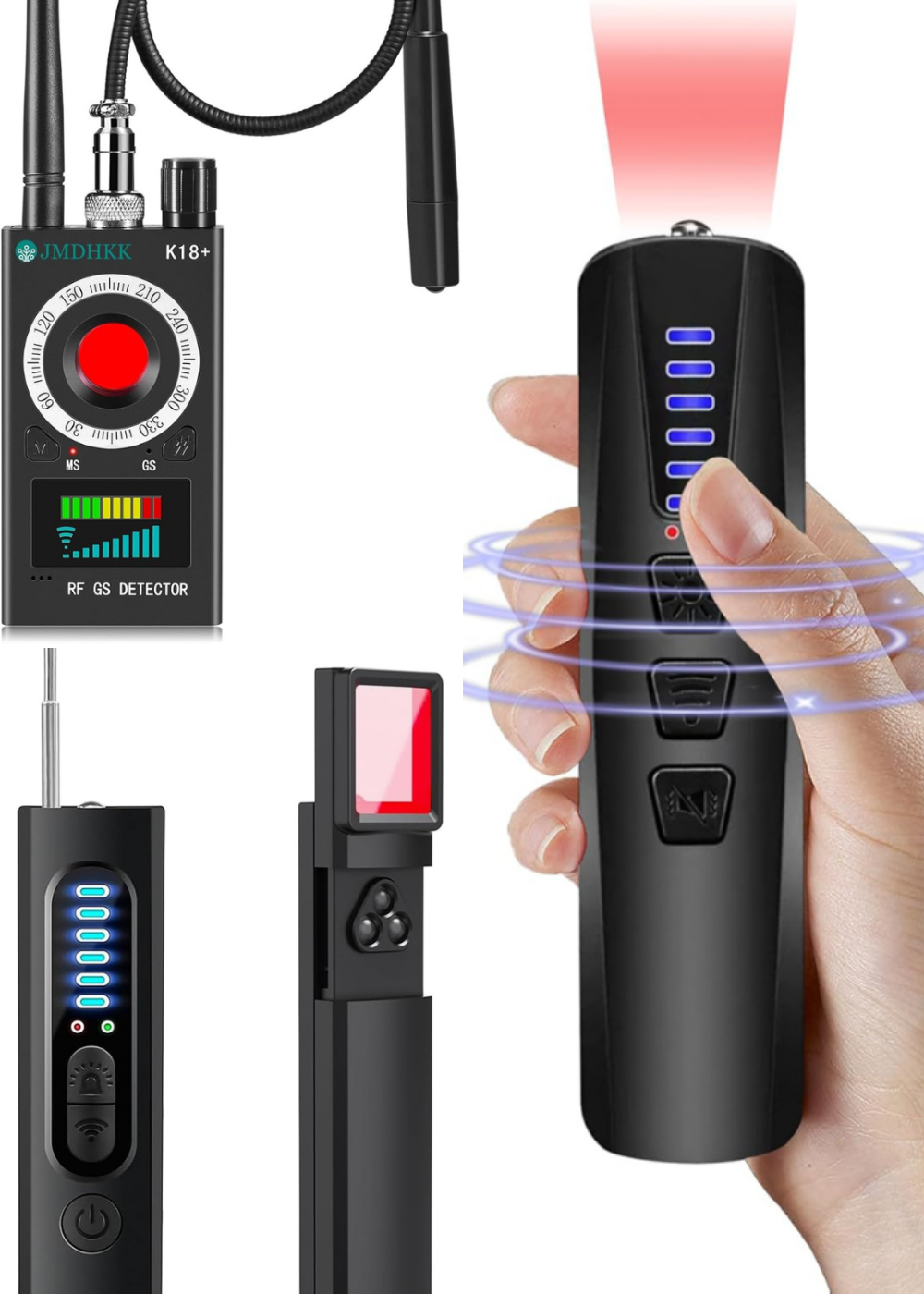 A dial tracking detector, an electric detector, and a woman holding a different bug detector.