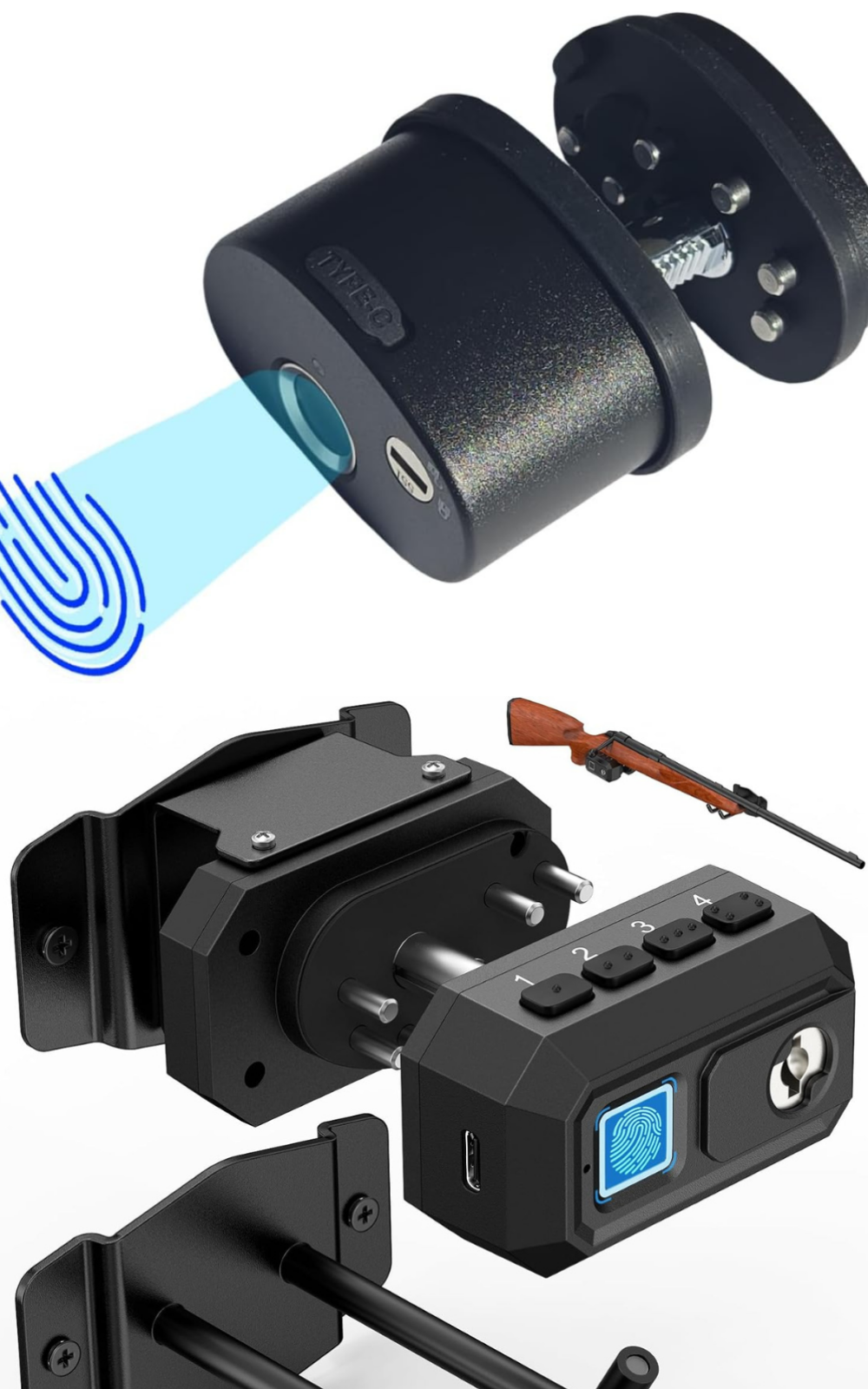 A biometric lock on a rifle, and another on display.