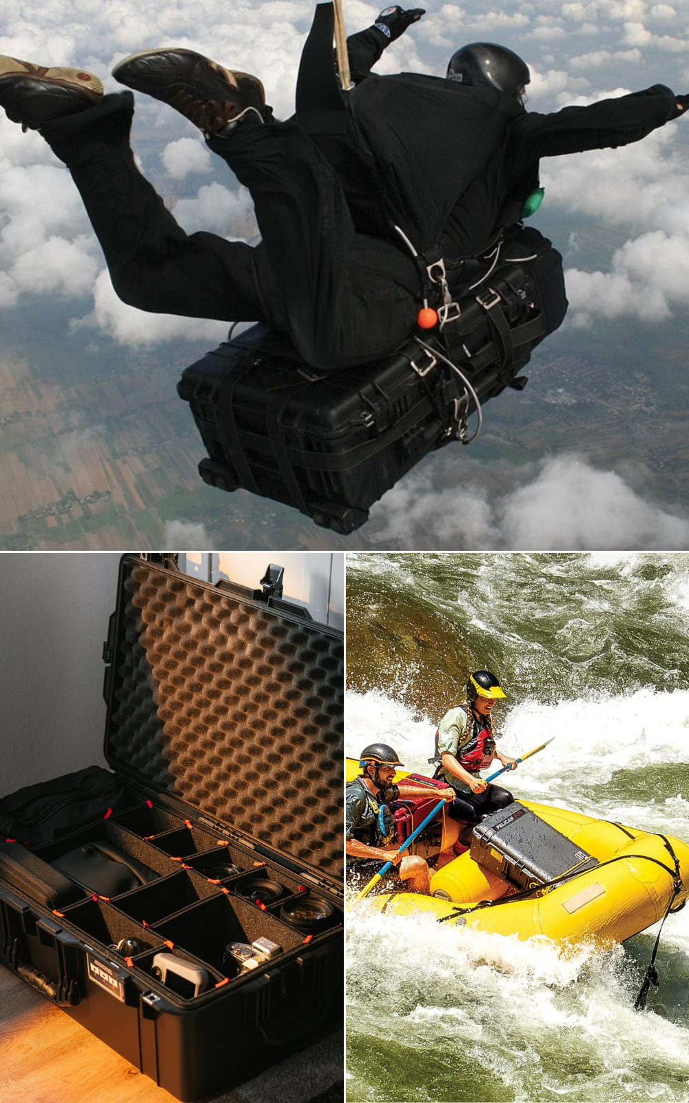A Pelican case with wheels sitting in the floor, another on a white water raft, and a man skydiving with cases.