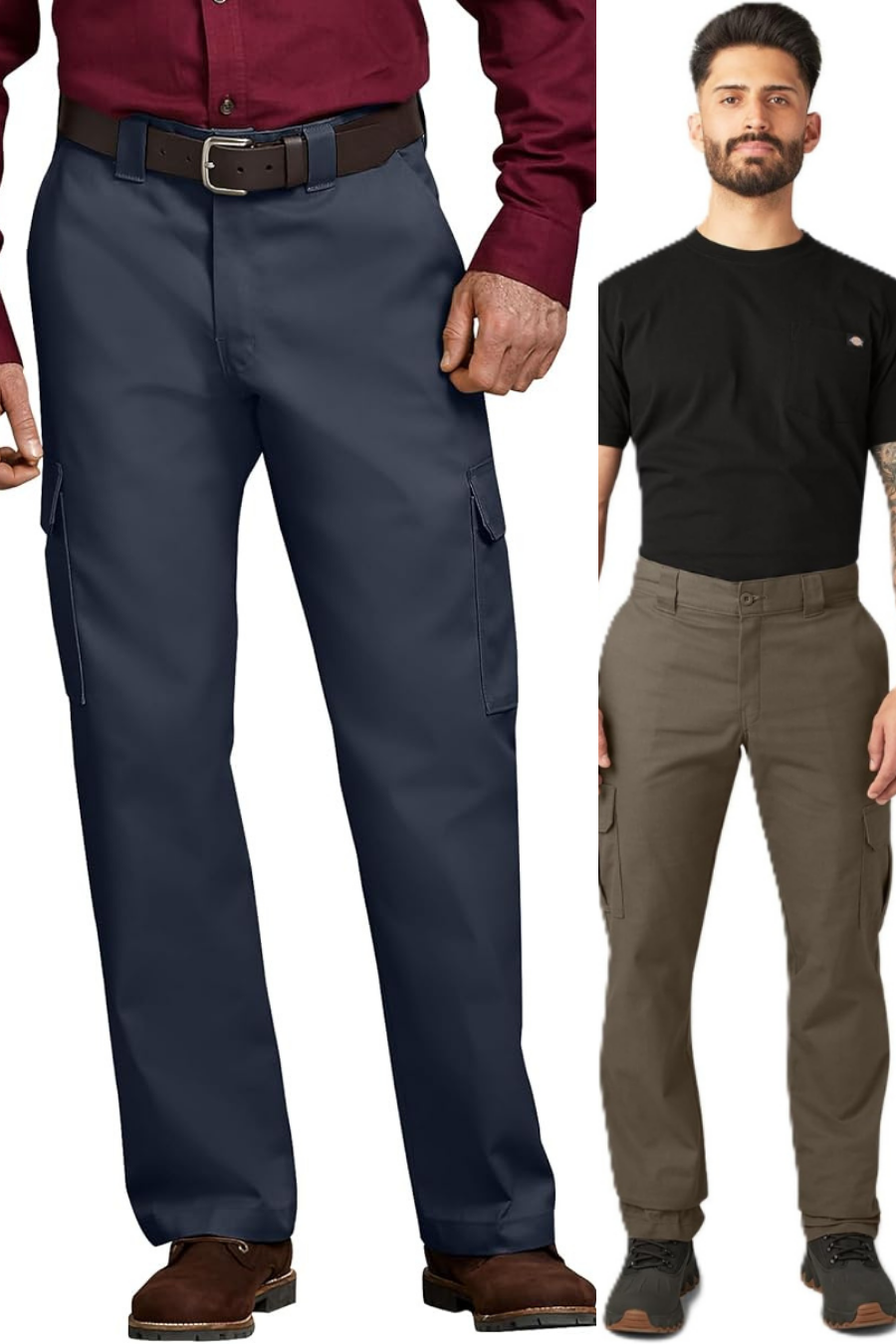 Two men wearing different color cargo pants in different styles and colors from Dickies