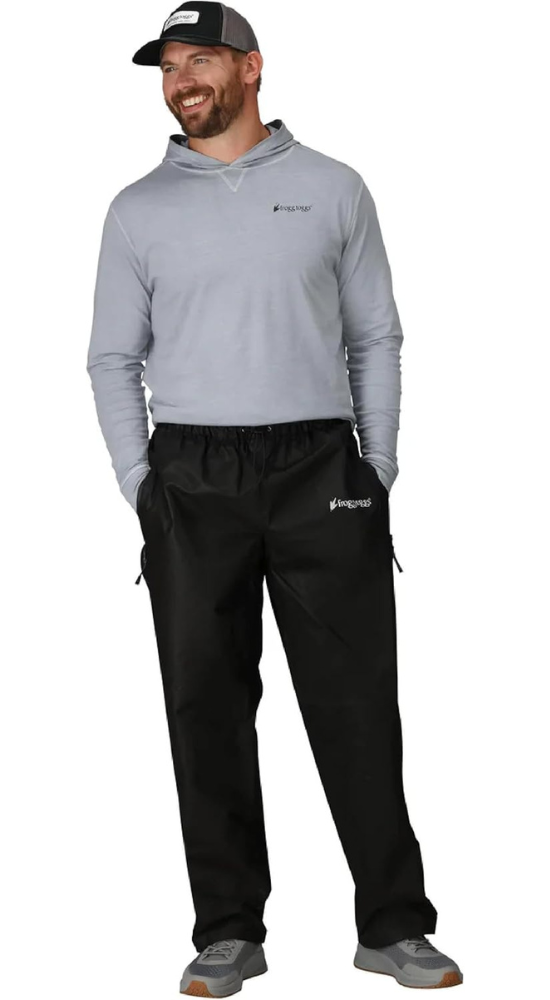 A man wearing waterproof pants from FROGG TOGGS!