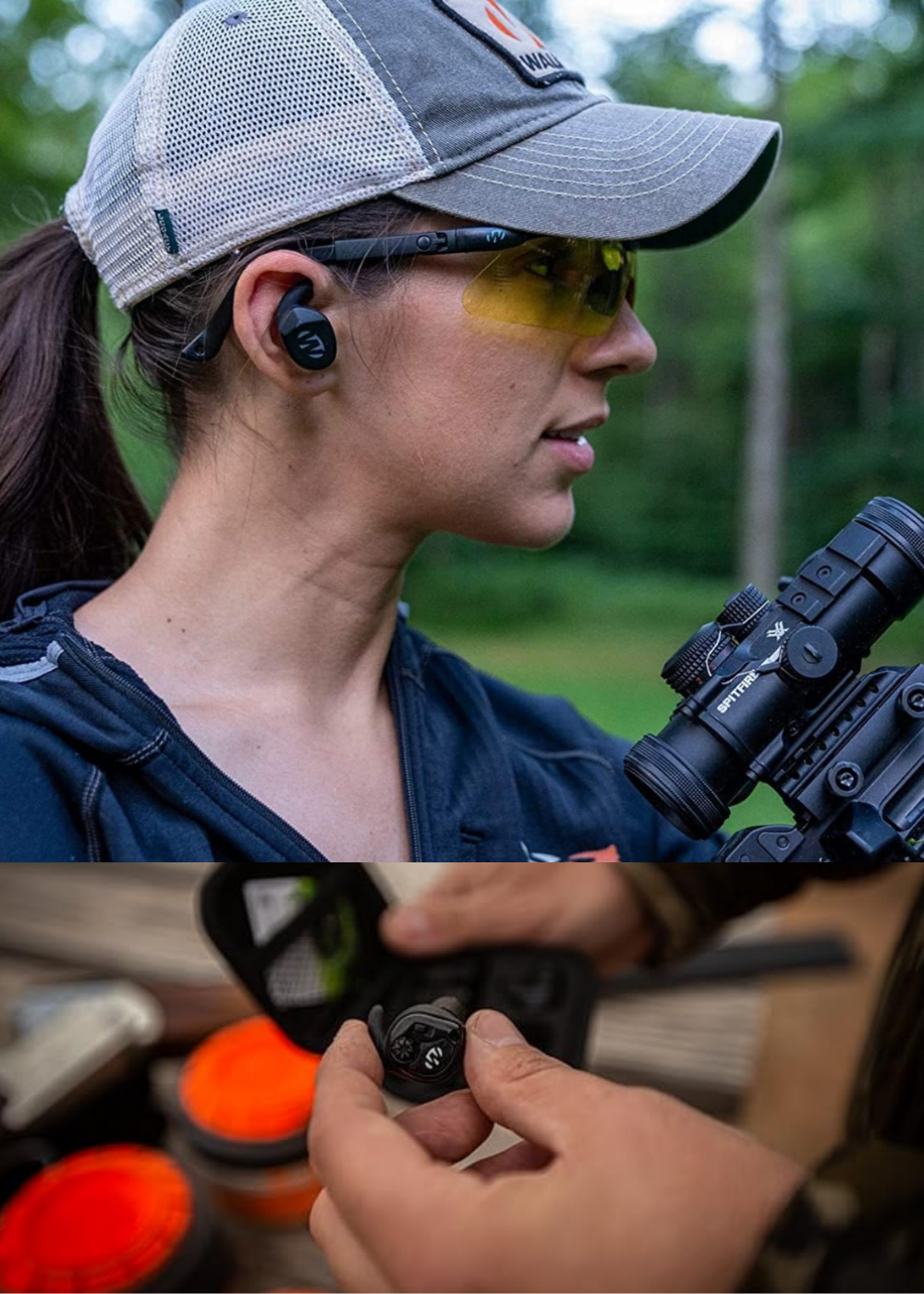 A woman with bluetooth hearing protection in ear, and a man holding the in ear protection
