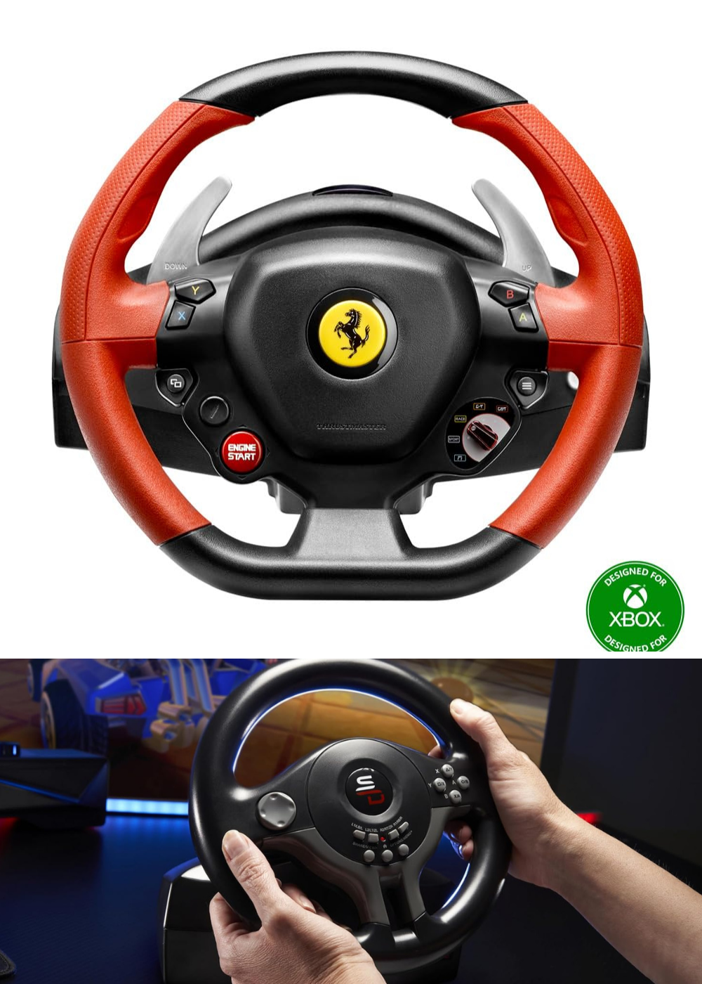 A Ferrari style steering wheel for Xbox, and a man playing a game with a steering wheel.