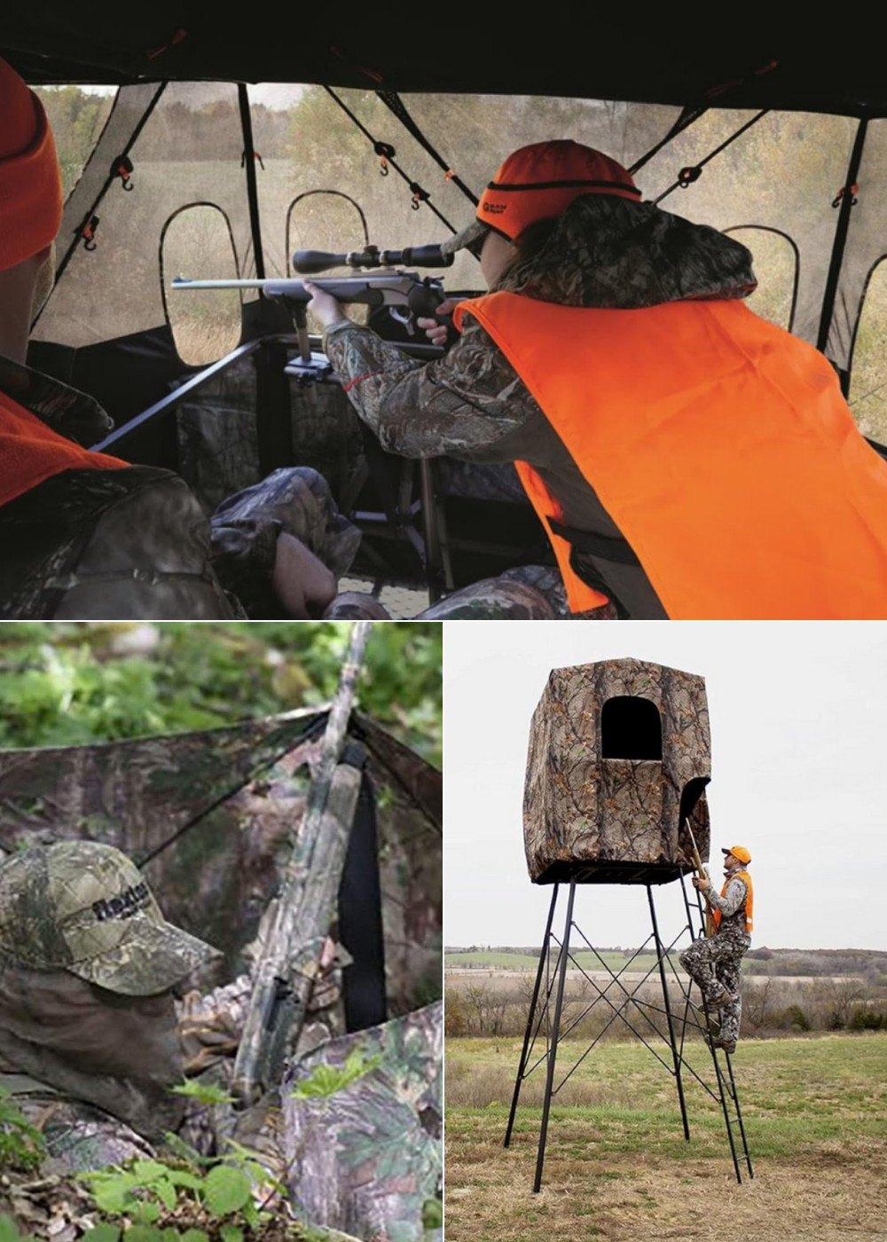2 people with 1 shooting from a blind, a man in a swing blind, and another climbing into his elevated stand
