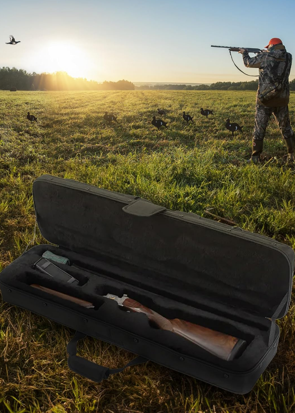 A soft case for long gun with a double barrel shotgun broken down sitting in hunting field with hunter