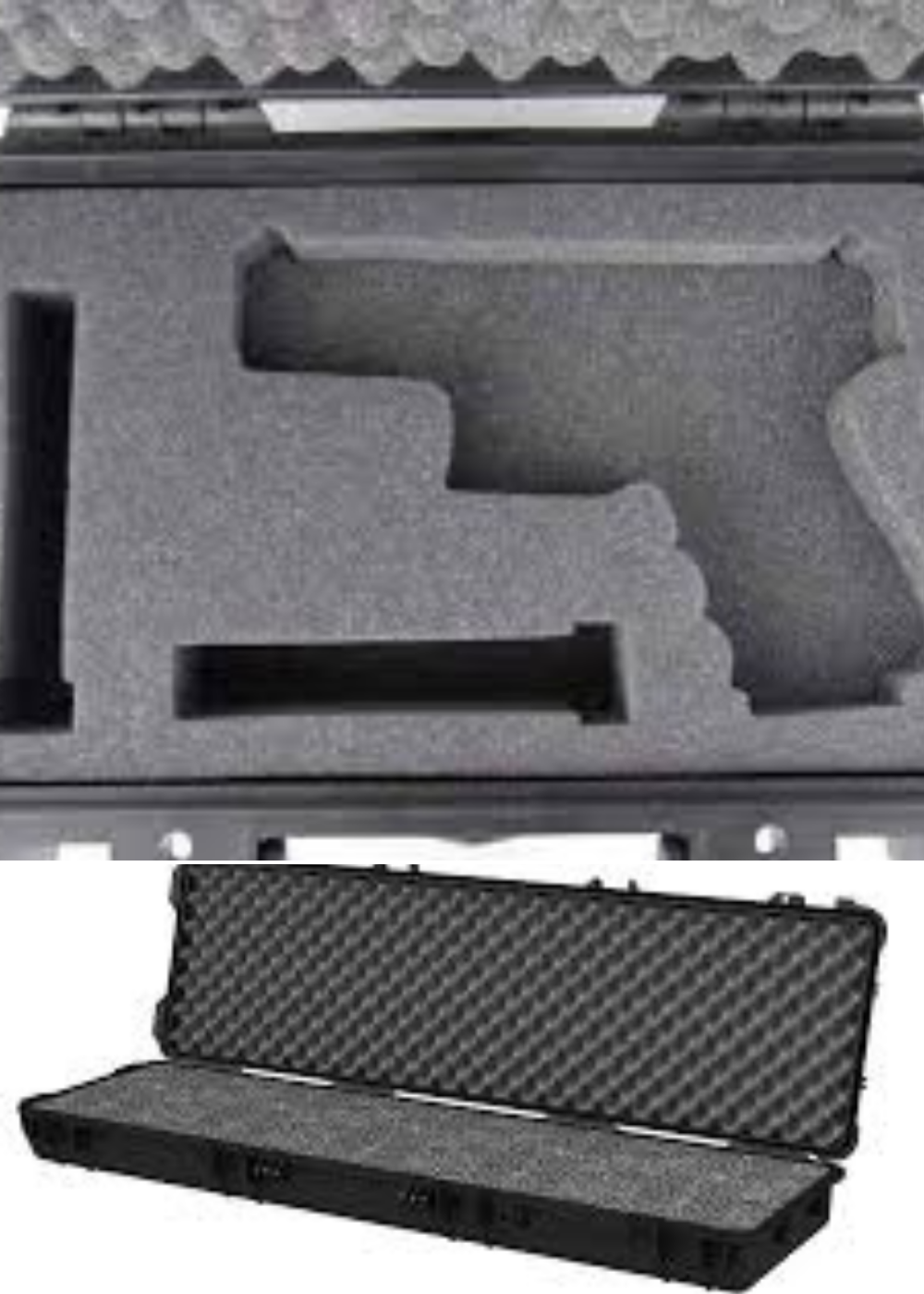 A pistol case with foam cut out, and a long gun Pelican case with new foam.