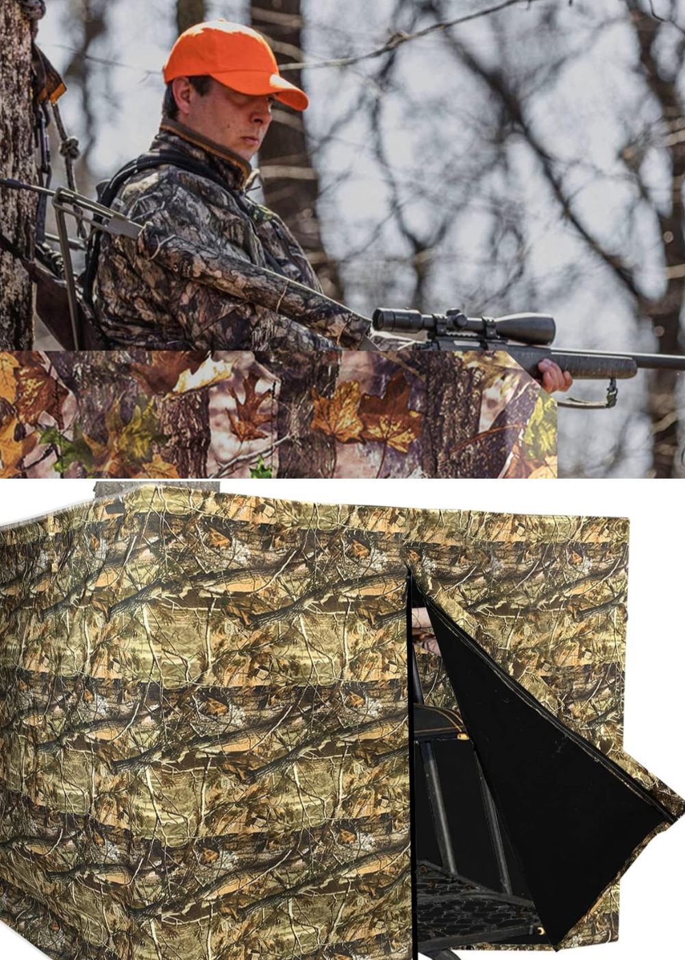A man hunting from a tree stand and a blind kit on the stand