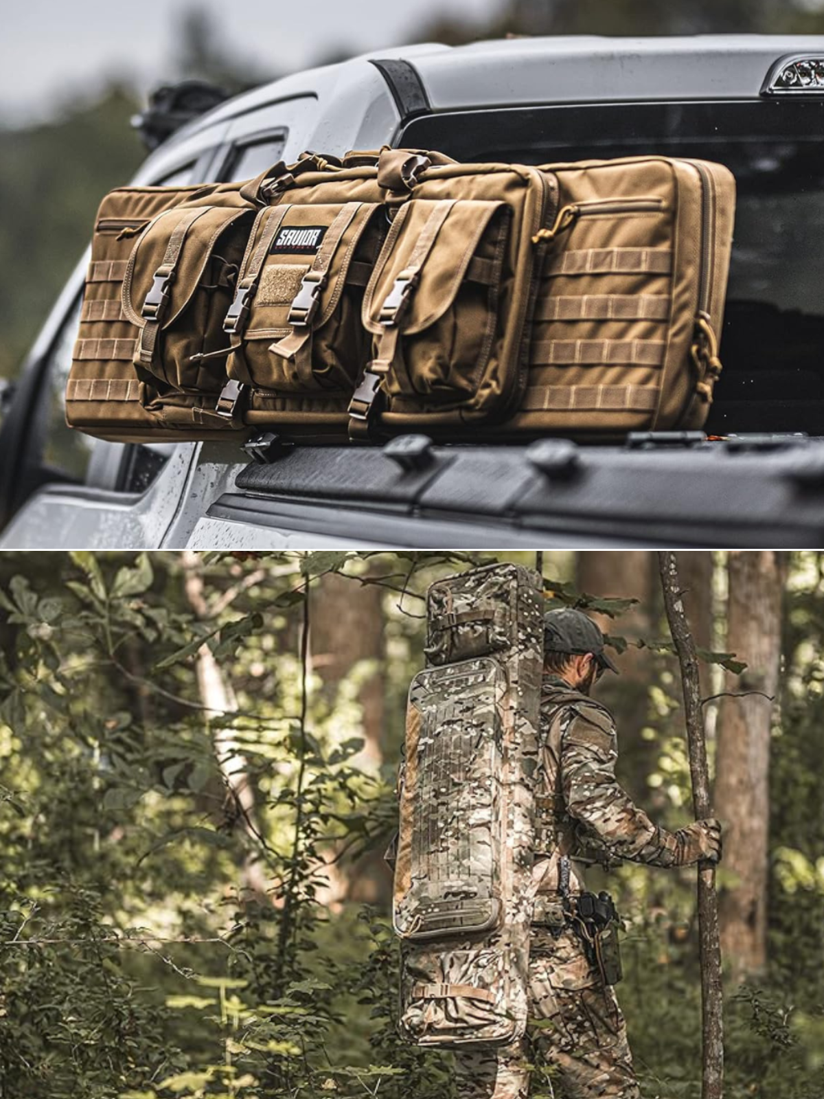 A rifle bag sitting on a truck bed rail, and a man carrying his Savior Equipment bag in the woods.