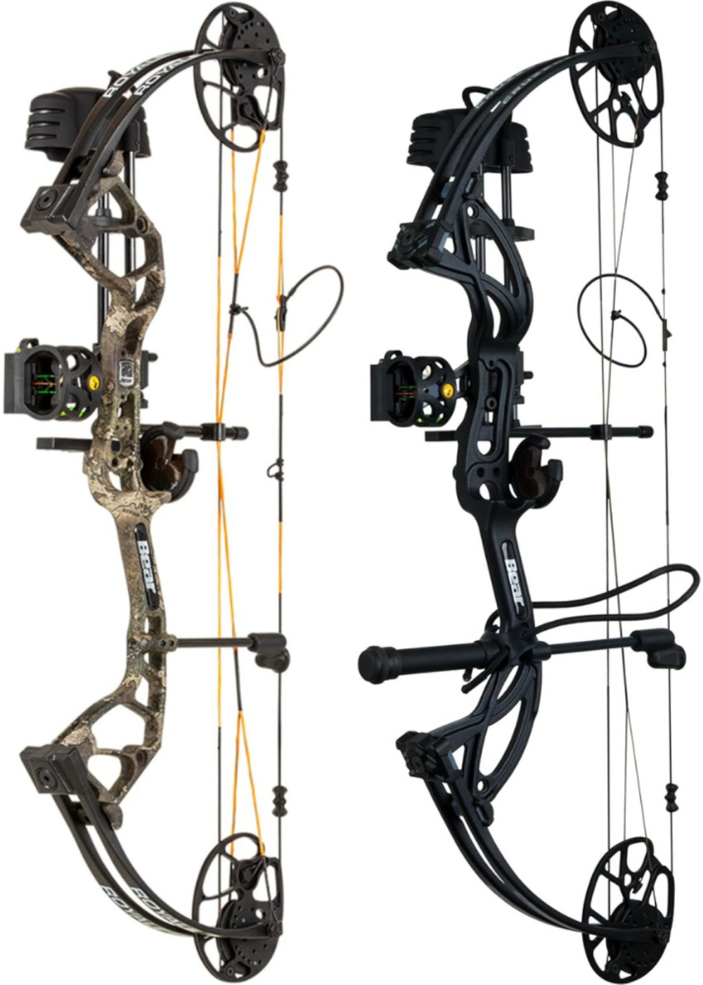 2 different models of Bear compound bows on display with white background.
