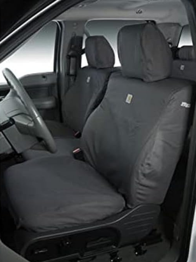 Gray seat covers installed from Covercraft.