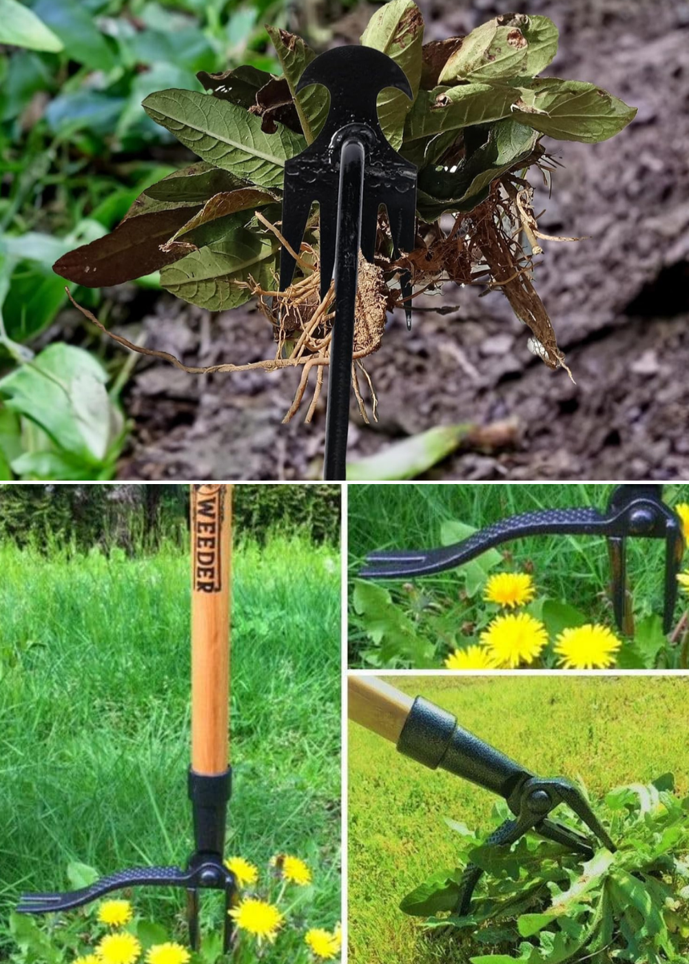 2 different weed pullers for stand up yard weeding