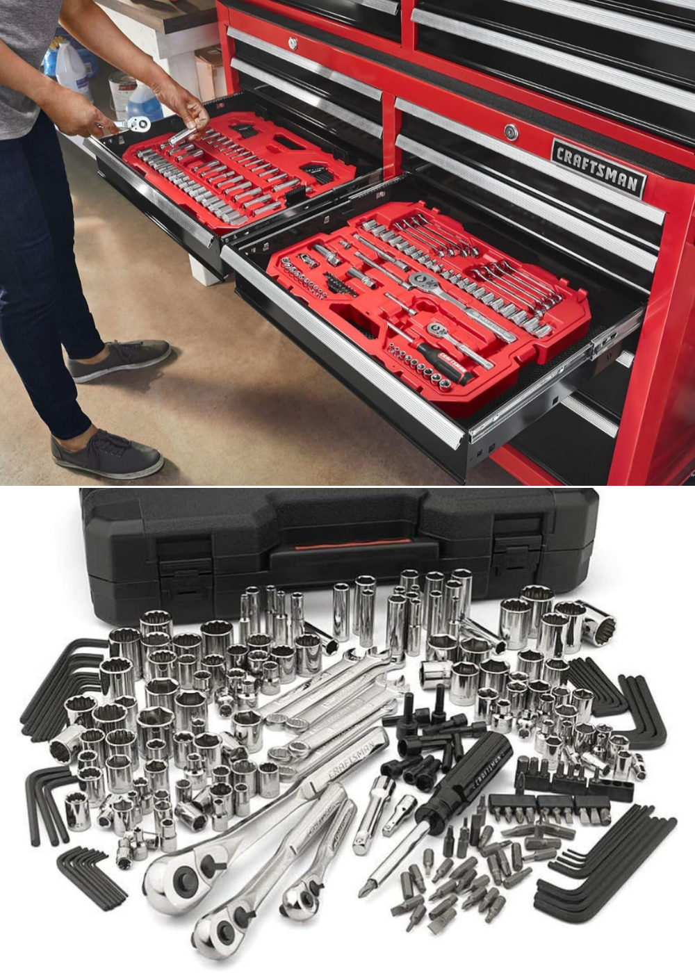 A mechanics tool set display with black box, and a Craftsman rolling tool box that has mechanics tools in drawers.