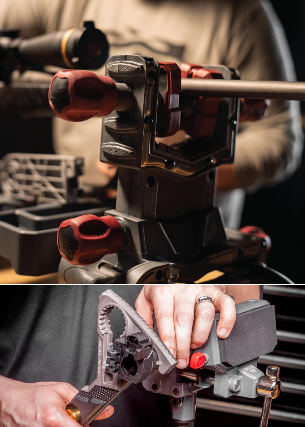 A man cleaning a rifle in a vise, and gunsmith working on a gun using a vise.