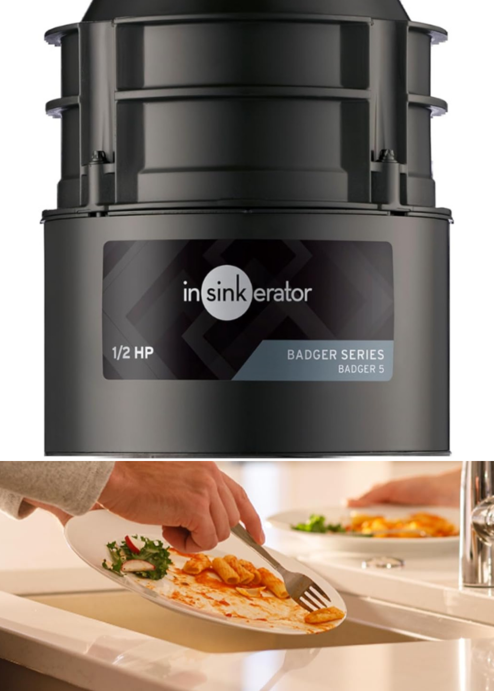 A label picture of a Badger garbage disposal, and someone emptying food into an Insinkerator