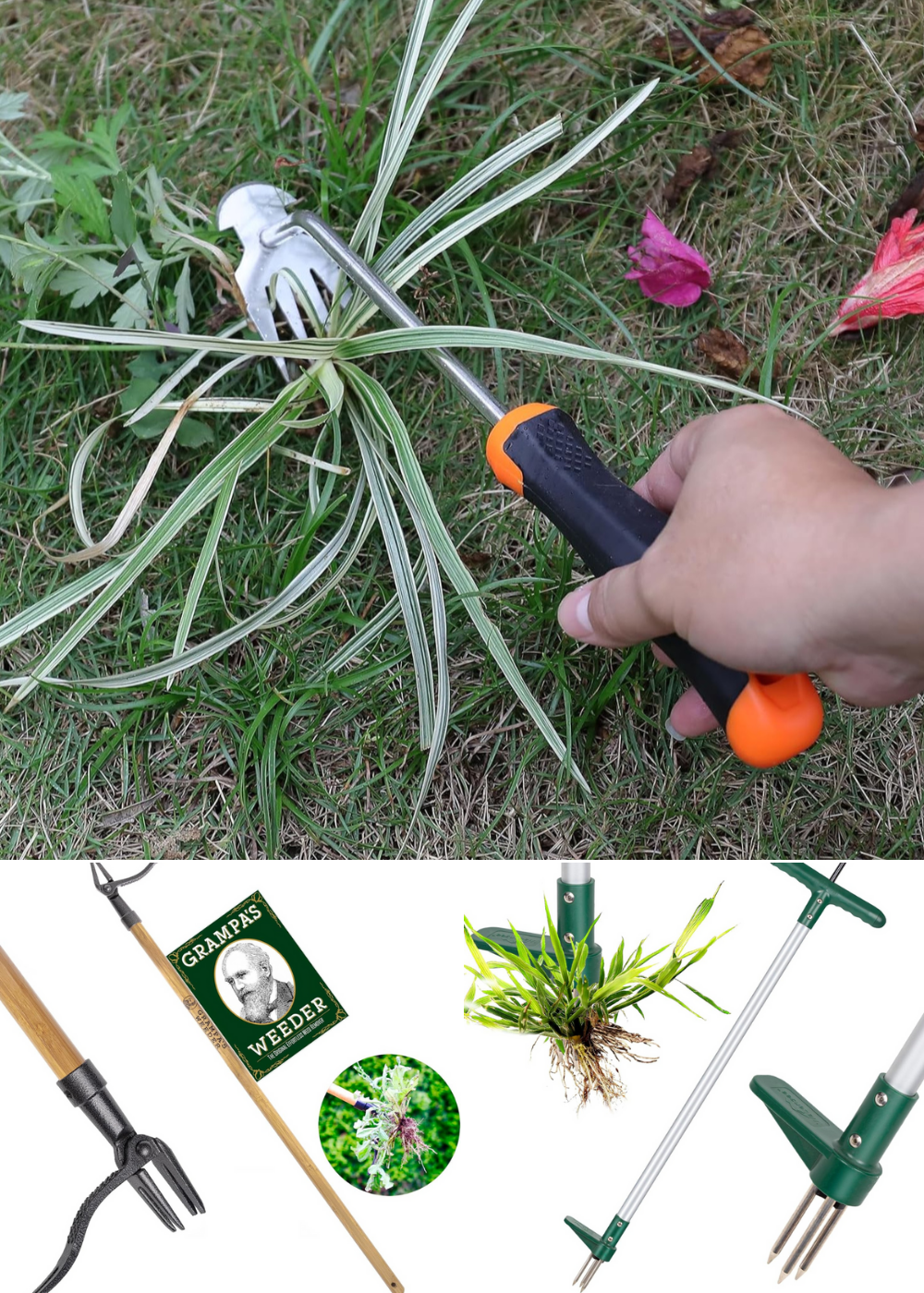 Two extended reach weeding tools, and a small hand garden tool.