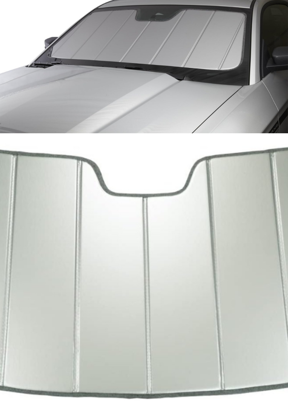 A sunshade in a car and an up-close of a sunshade by Covercraft