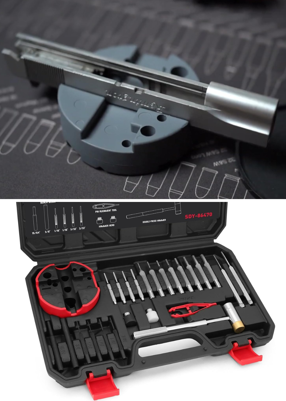 A slide on a tool block and a tool kit that can be used by a gunsmith.