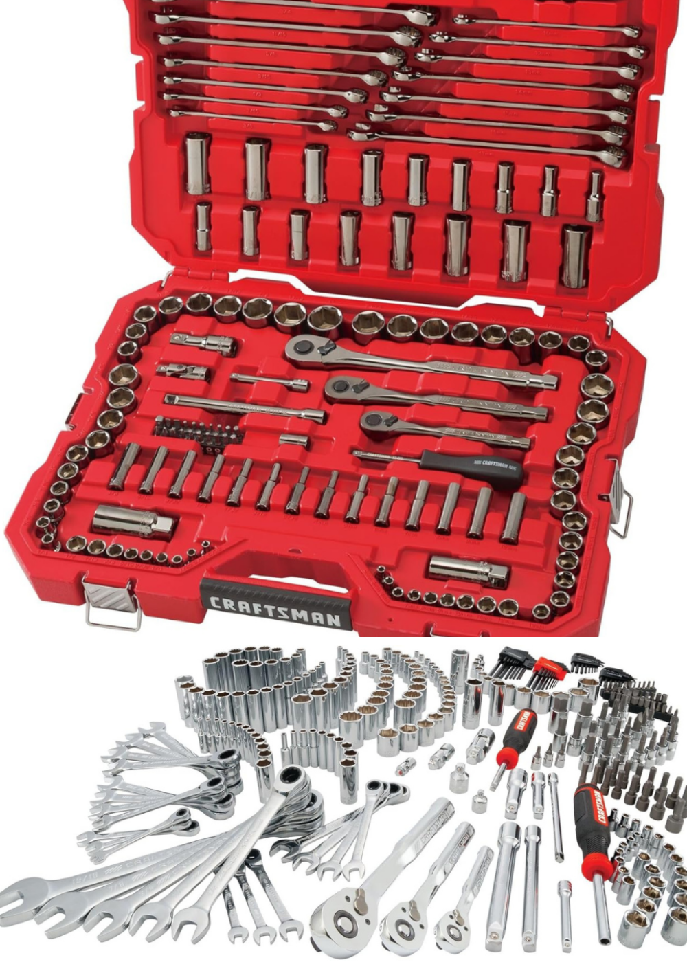 A Craftsman blow molded tool box with tools, and a mechanics tool set on display