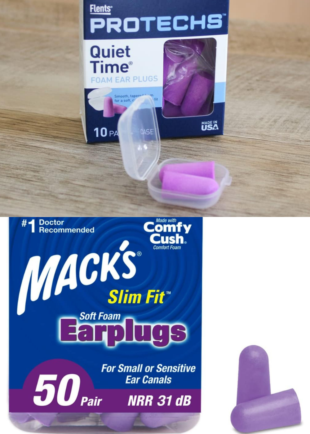 Two different size foam plugs for hearing protection.