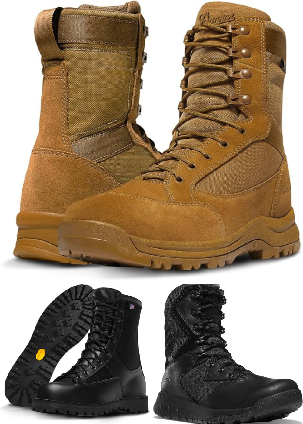 Two styles of black tactical boots and a tan pair from Danner.