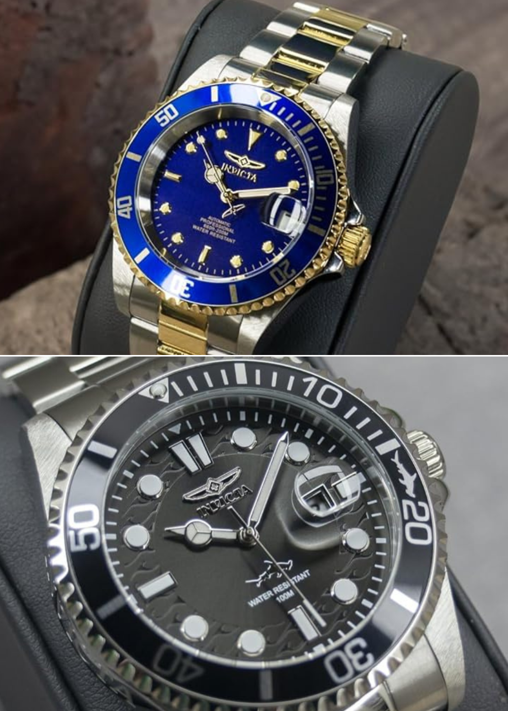A Pro Diver rated for 100M, and a gold/silver Invicta with a blue face and accents.