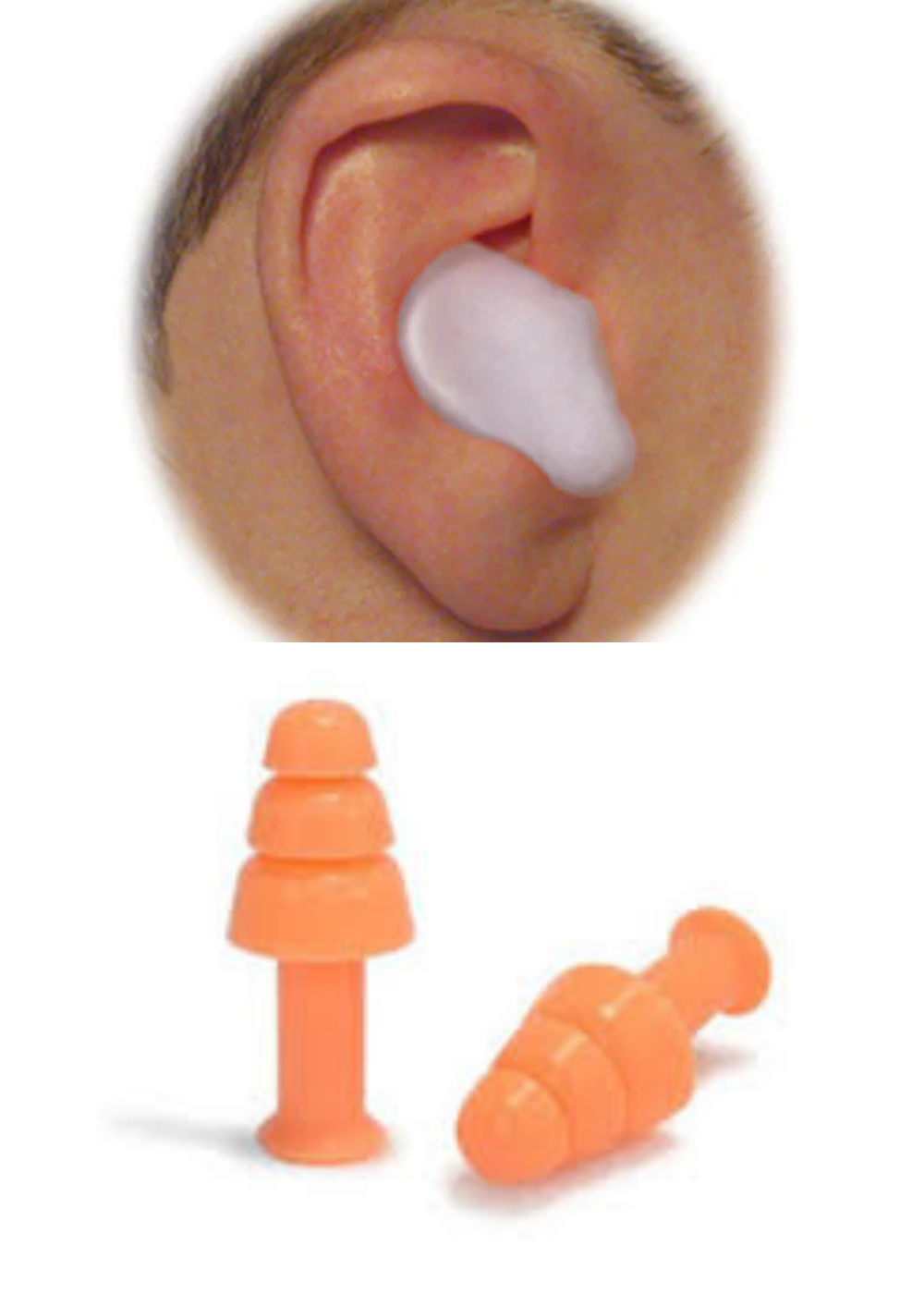 A pillow earplug made of silicone and a triple cone set of earplugs.