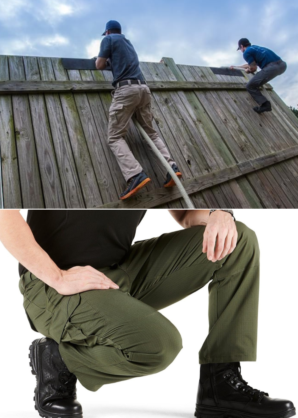 2 men climbing a rope wall and another squatting in Stryke pants