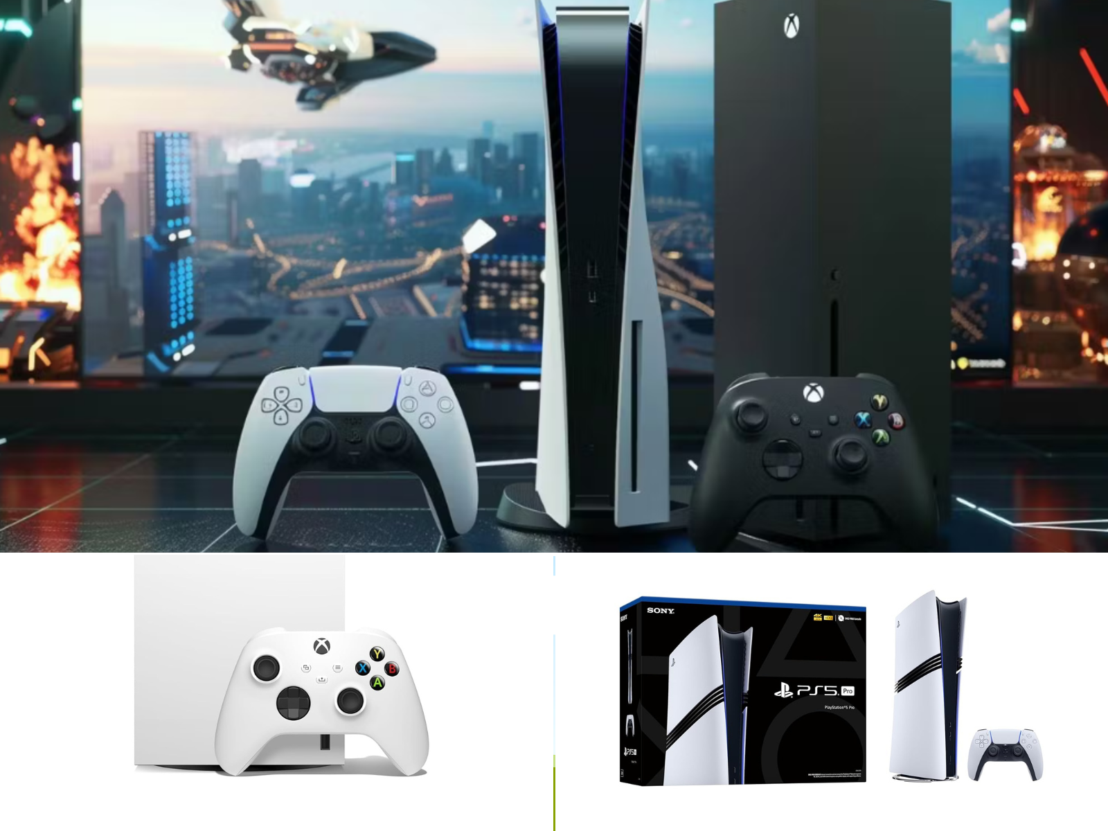 A side by side with a black Xbox, and individual pictures of each system on display with controllers.