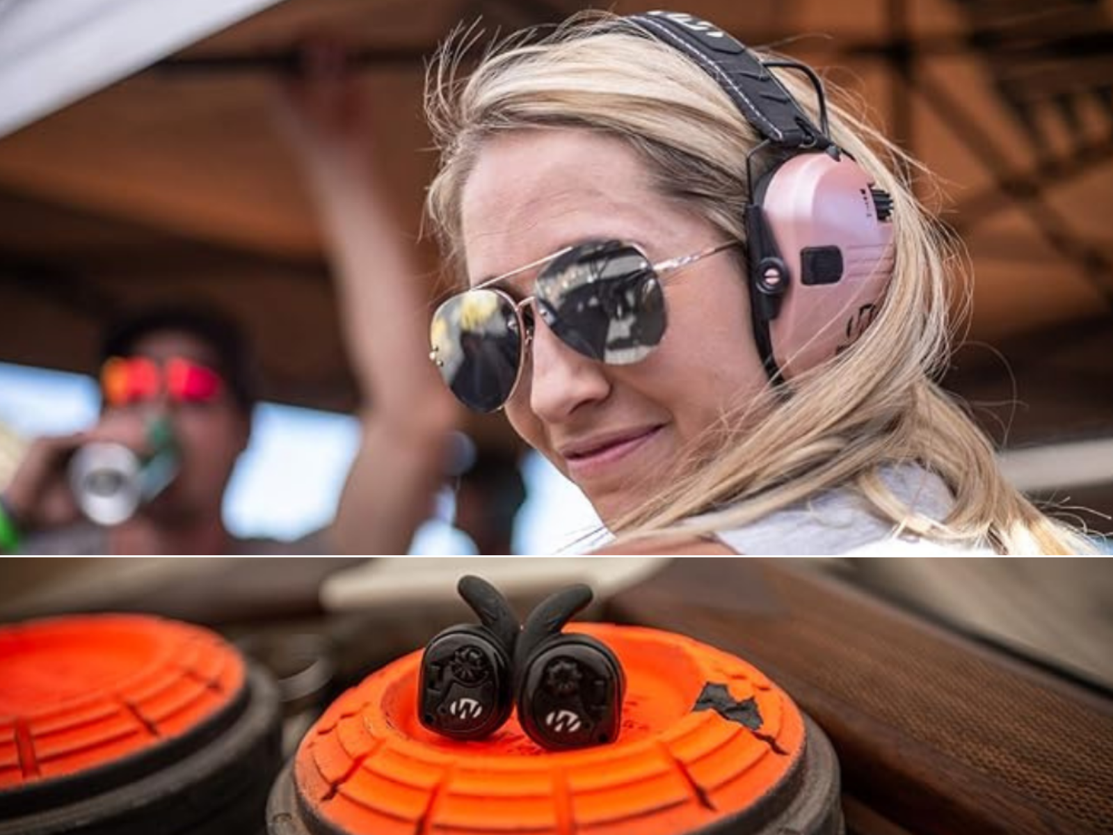 A woman wearing Game Ears, and Game Earbuds on a clay pigeon.