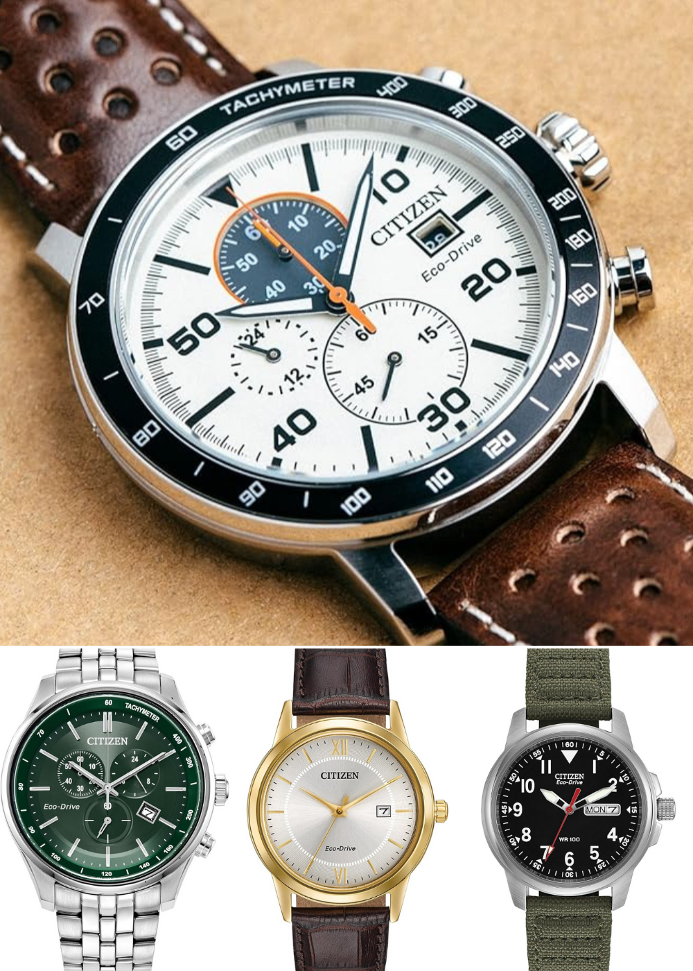 An Eco-Drive watch on a table, and 3 Eco-Drive watch designs showing range of styles.