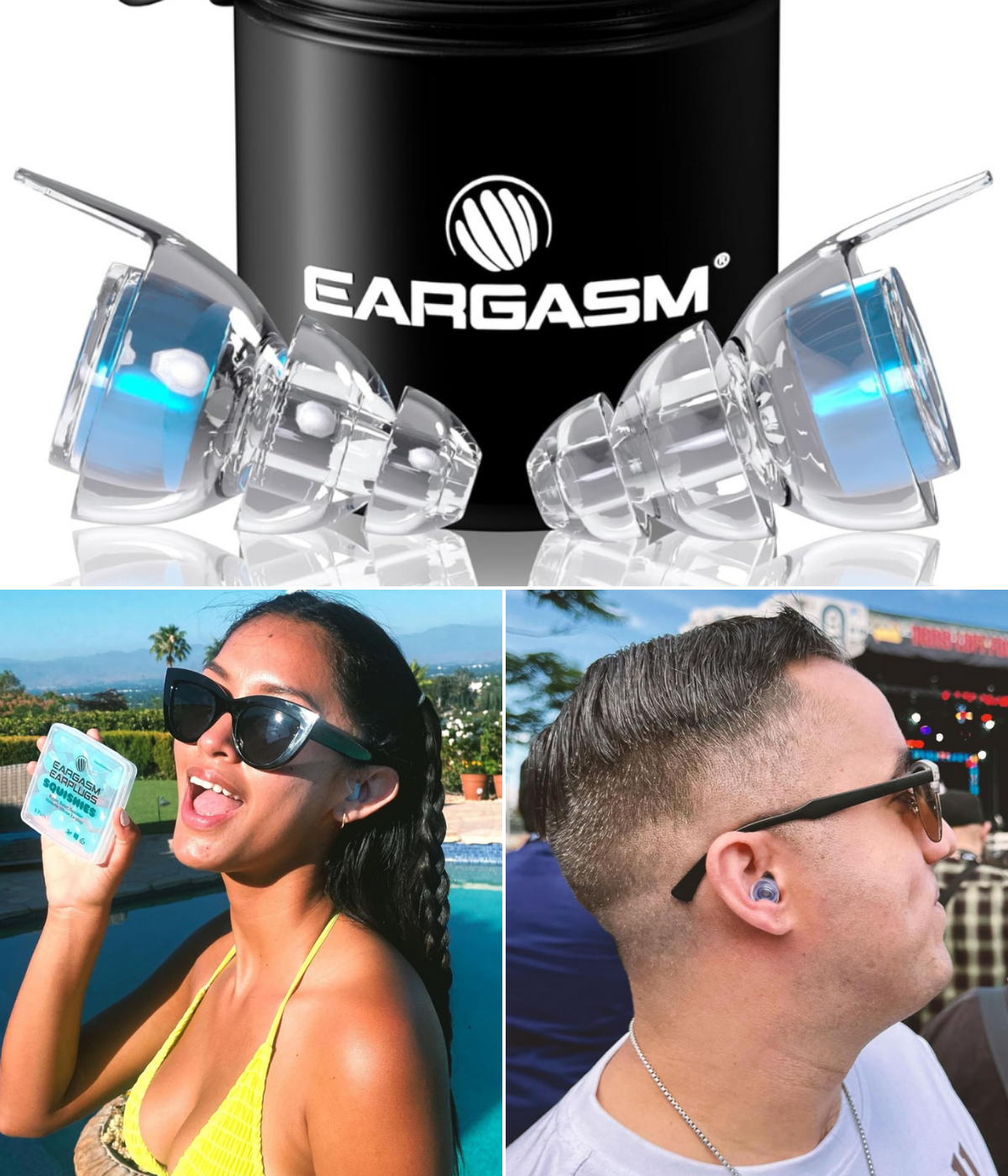 A woman by a pool, a man at a concert, and close up of Eargasm earplugs.