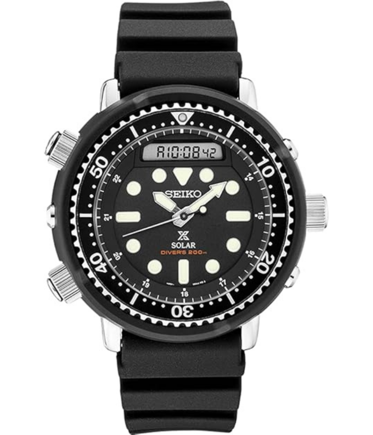 A black faced hybrid Seiko diver with a black band and a black face.