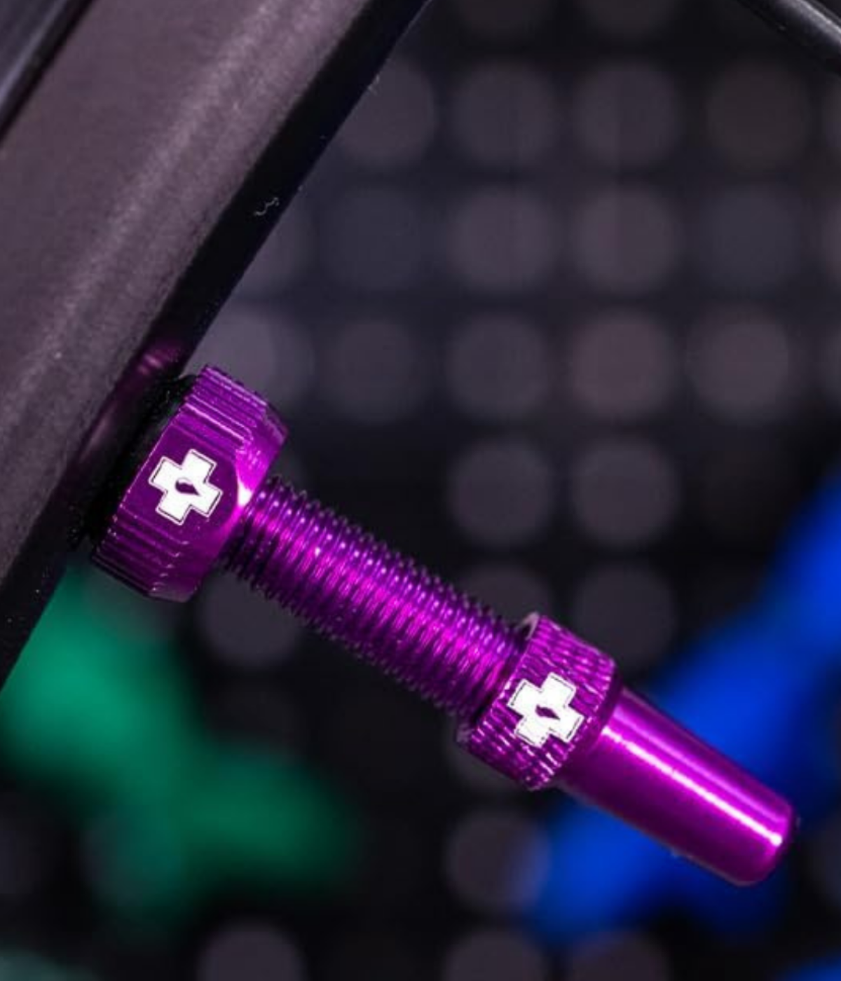 A purple Muc-Off bicycle valve stem for tubeless tires on MTB and Road.