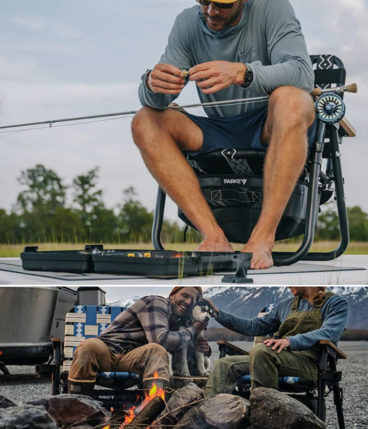 A man fishing from a Parkit, and a couple beside a fire in the mountains with a Husky puppy.