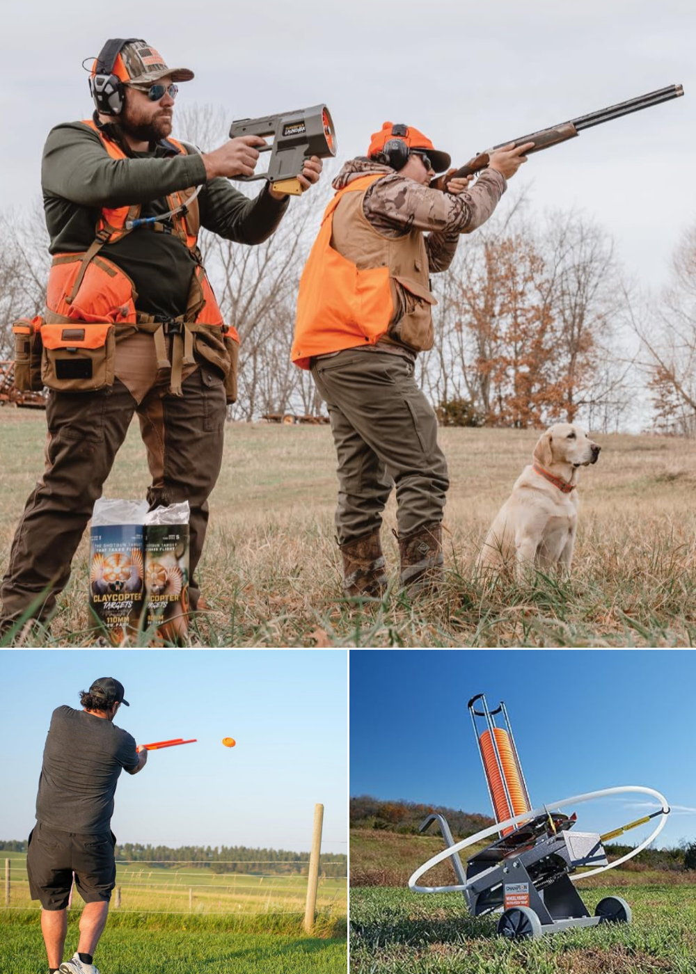 A hand thrower, auto thrower, and a battery thrower that launches clay pigeons 