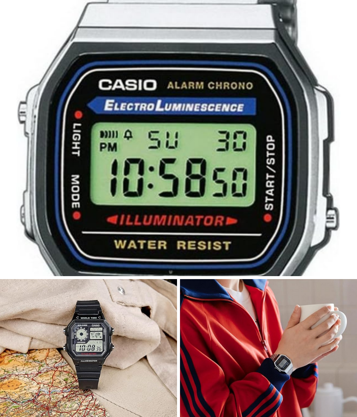 The Electro Luminescence up close view and 2 other Casio's being worn or displayed