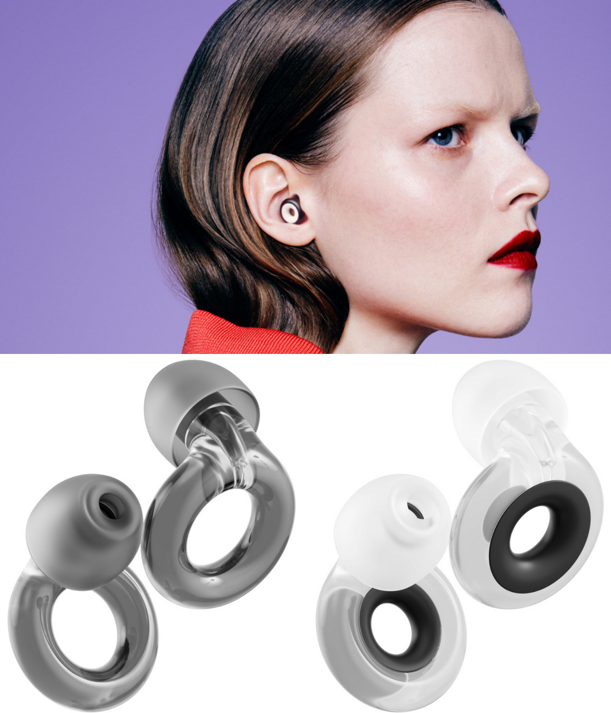 Loop Engage plugs worn by a woman, and Engage and Engage Plus earplugs photos.
