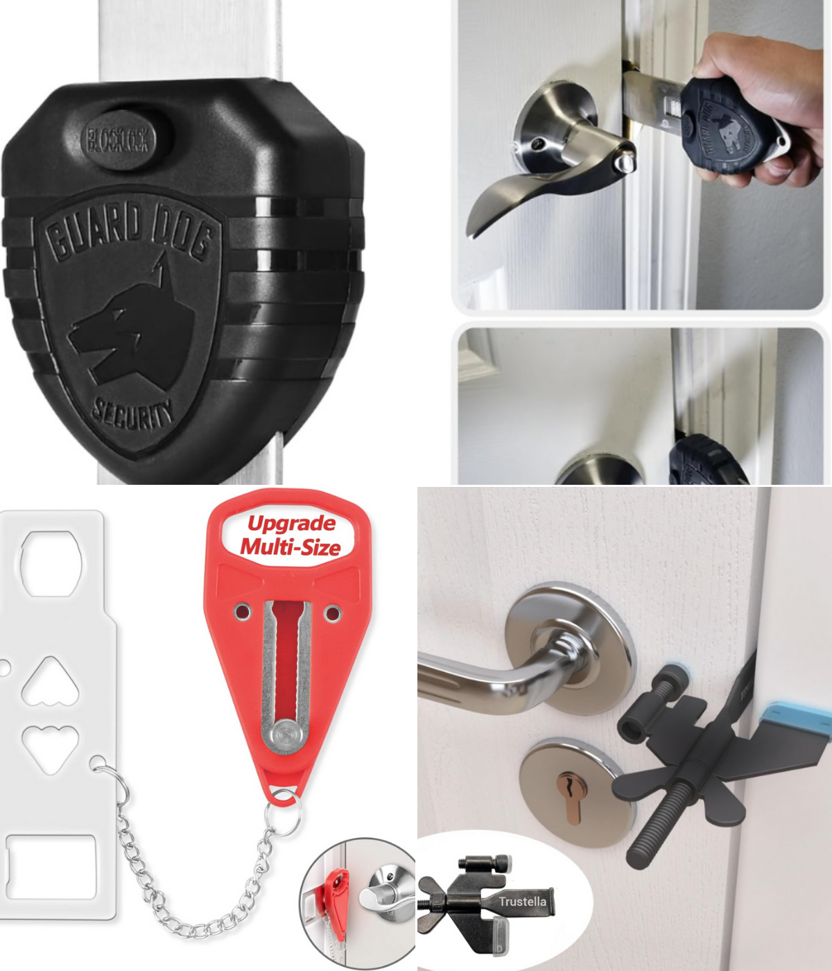 Three different styles of portable door locks using multiple methods to secure the door.
