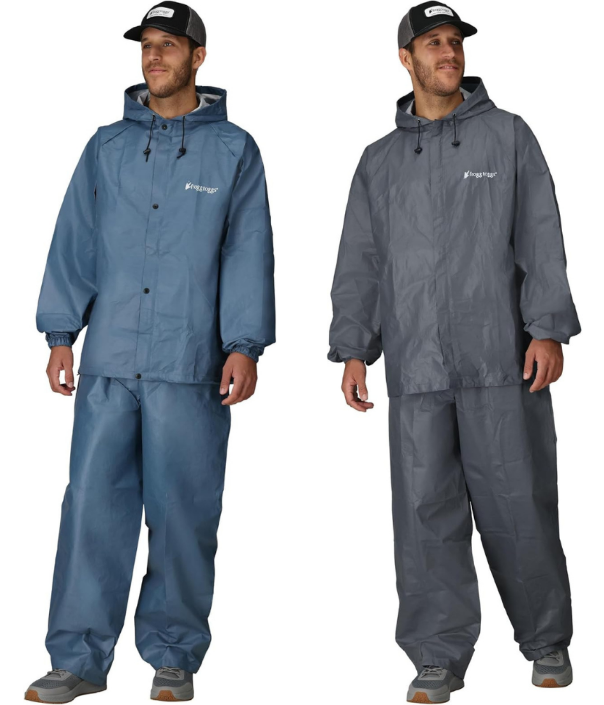 A man wearing two different versions of rain suits by Frogg Toggs.