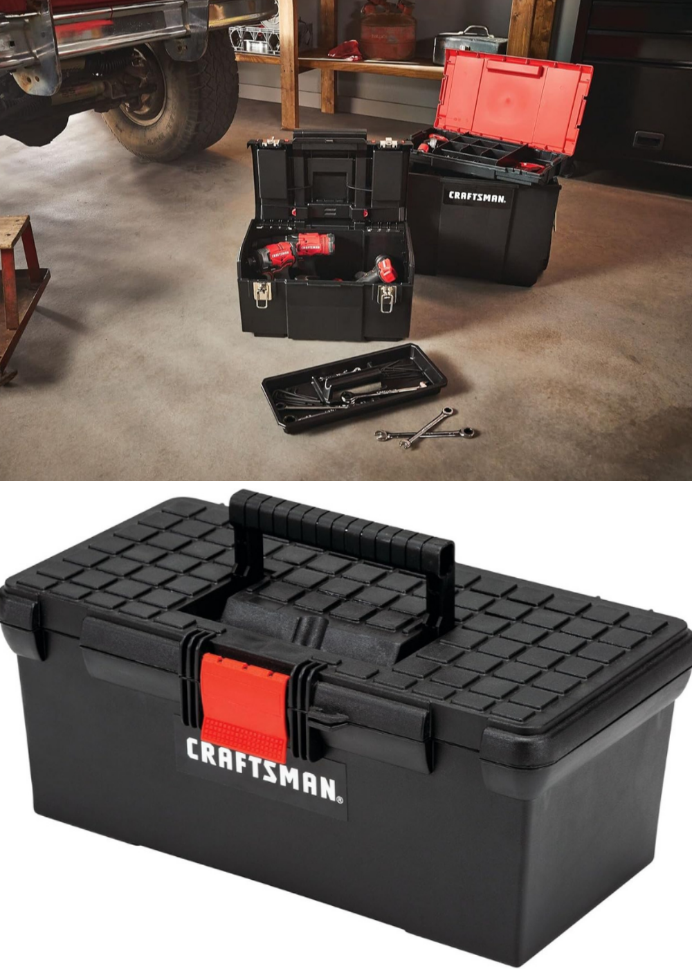 A small black craftsman tool box, and a plastic rolling tool box