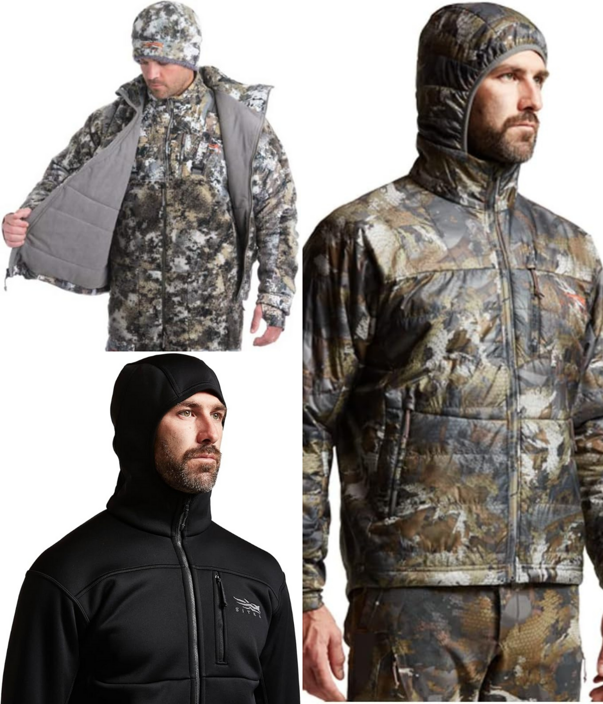 Three pictures of men wearing Sitka Hunting Jackets