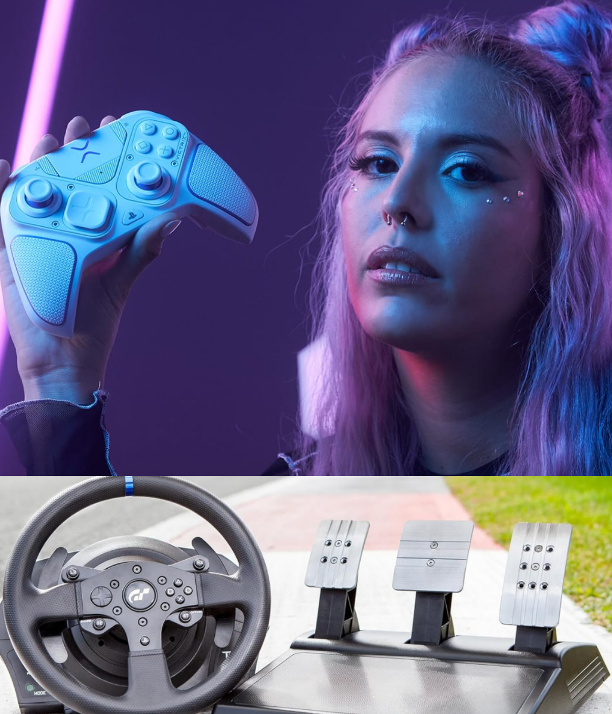 Woman holding controller and PS5 compatible steering wheel/pedal combo.
