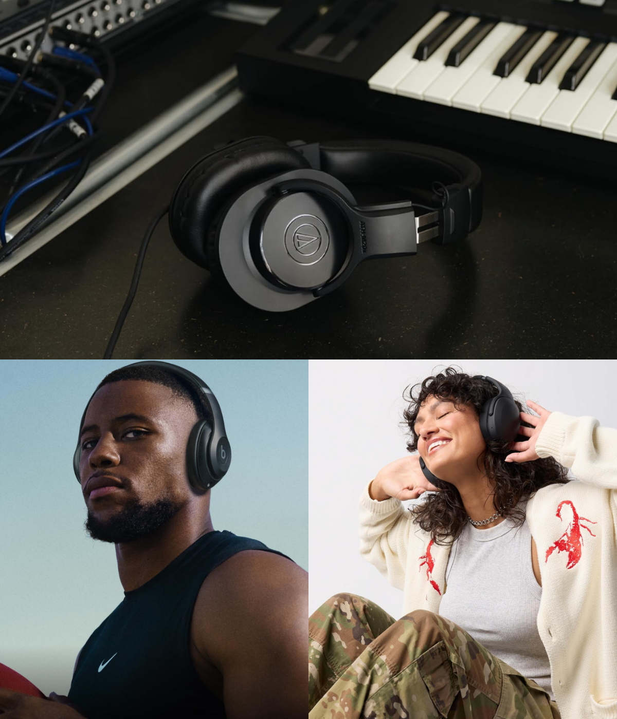 Headphones near a piano, Saquon Barkley wearing them, and a woman enjoying herself.