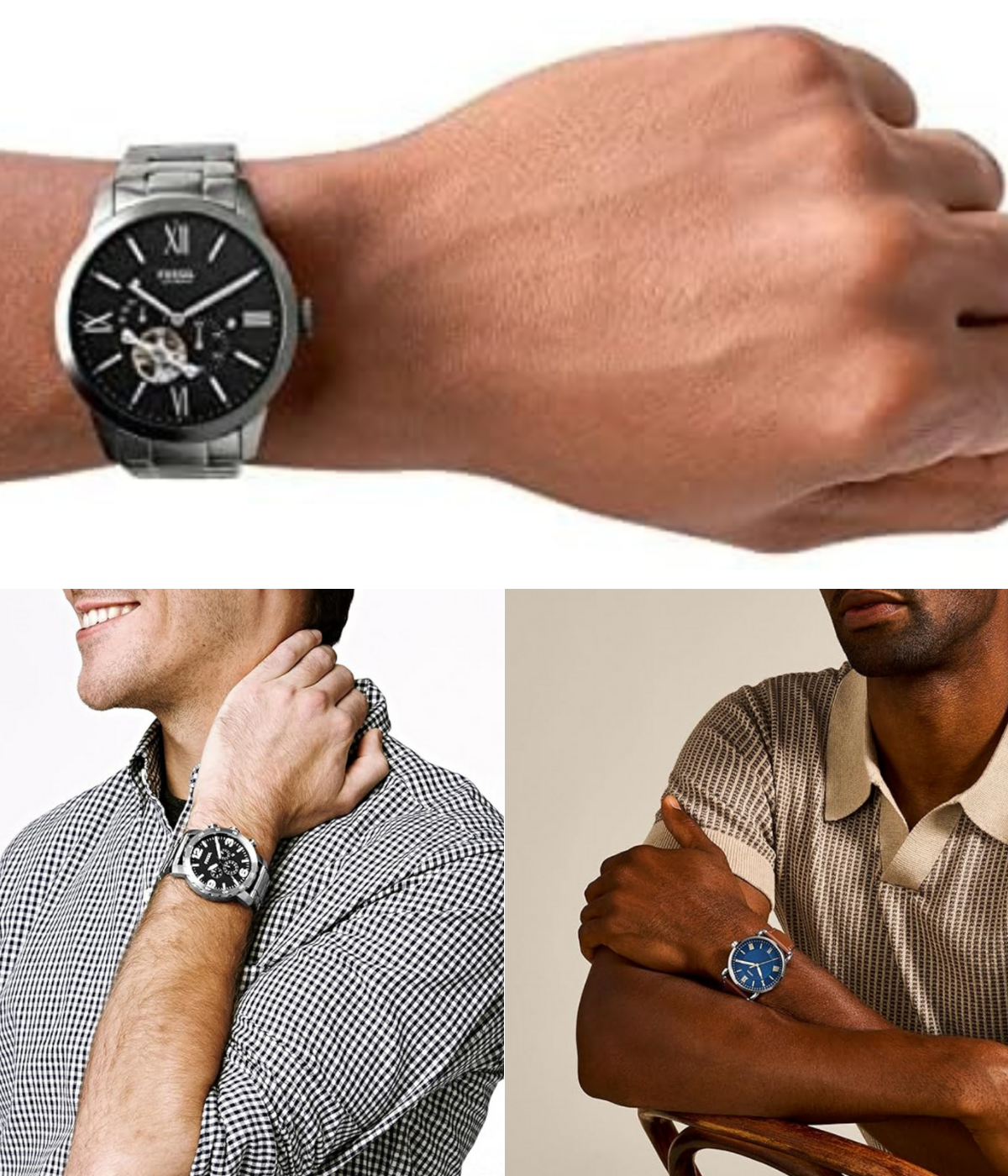 Three watches on men's arms for display of the different Fossil styles.