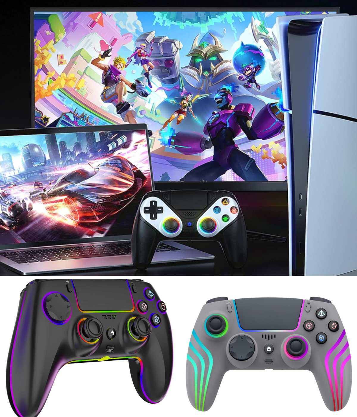 A PS5 sitting with a controller and laptop, two other cheap controllers in vivid colors