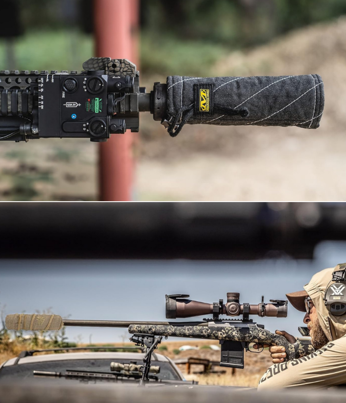 A short can with a cover on a AR15, and a man shooting a bolt gun with a larger suppressor covered.