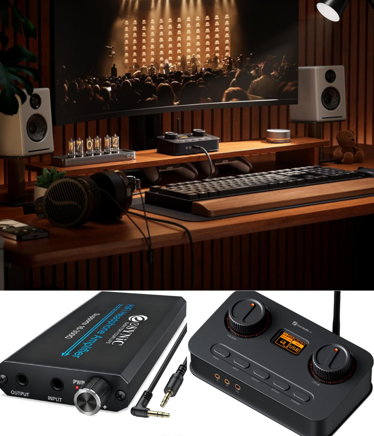 Two amps individually and another on a desktop with computer and headphones.